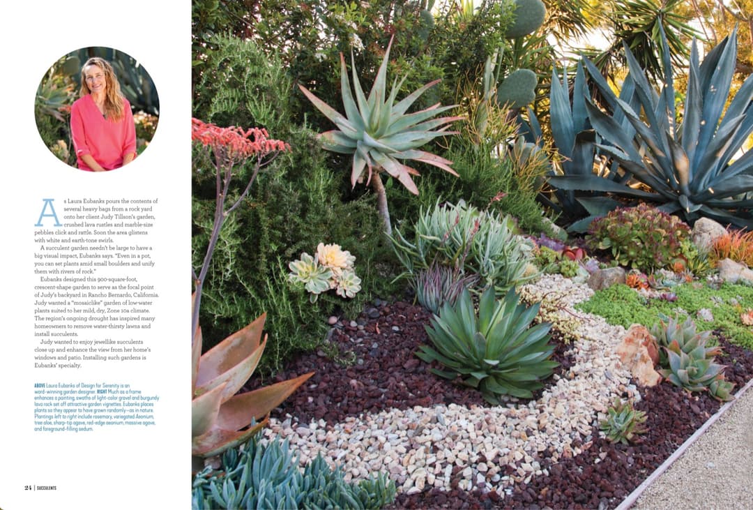 A full spread from the feature: Laura's portrait beside a garden woven with a river of white gravel