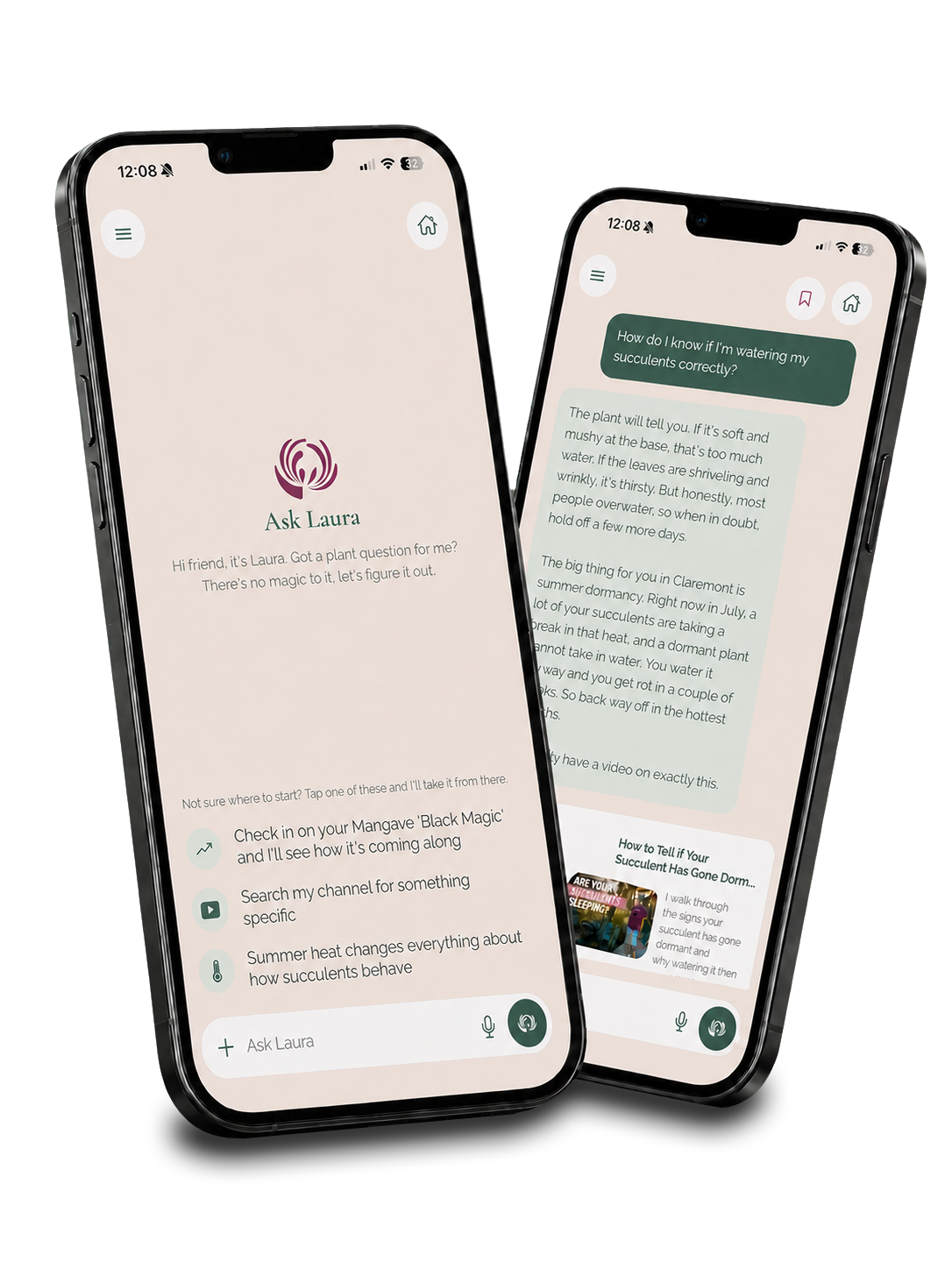 The Ask Laura app on two iPhones: the welcome screen and a conversation about watering succulents